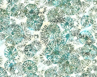 May include: Seamless pattern featuring a repeating design of teal blue and white stylized sea urchins on a cream background.