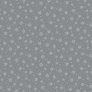 Puede incluir: Un patrón floral gris con pequeñas flores y puntos blancos. Las flores tienen contornos detallados y están dispersas sobre el fondo gris. Este diseño es adecuado para telas, papel pintado u otras aplicaciones decorativas.