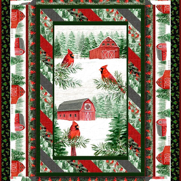 Kit de courtepointe ~ Country Cardinaux ~ 56,5 x 76,5 po. Édredon de Noël campagnard (tissu pour le dessus de la courtepointe et la reliure inclus) AAFQK-1009