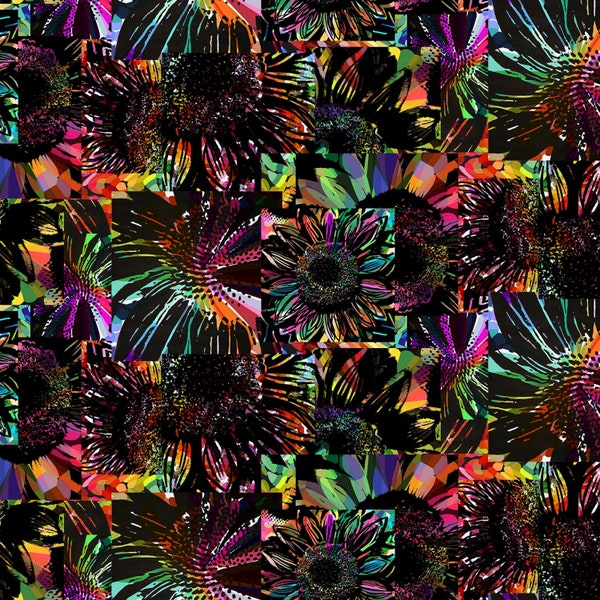EOB~Clothworks~Vibrant Life~Refracted Sunflowers~Digital Print~Black~Cotton Fabric by the Yard or Select Length Y3542-3