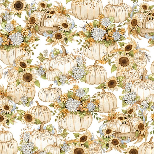 Henry Glass~Autumn Elegance~Pumpkins w/ Metallic Copper~White~Cotton Fabric by the Yard or Select Length 730M-01