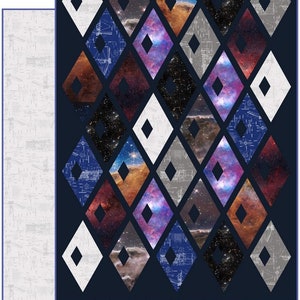May include: A quilt pattern featuring a diamond-shaped grid with a variety of space-themed fabric squares. The fabric squares feature images of galaxies, nebulae, and stars. The background is a dark blue color. The text "The Hidden Universe by RJR Studio + Diamond Alley Quilt Pattern by Sassafras Lane Designs" is at the top of the image.