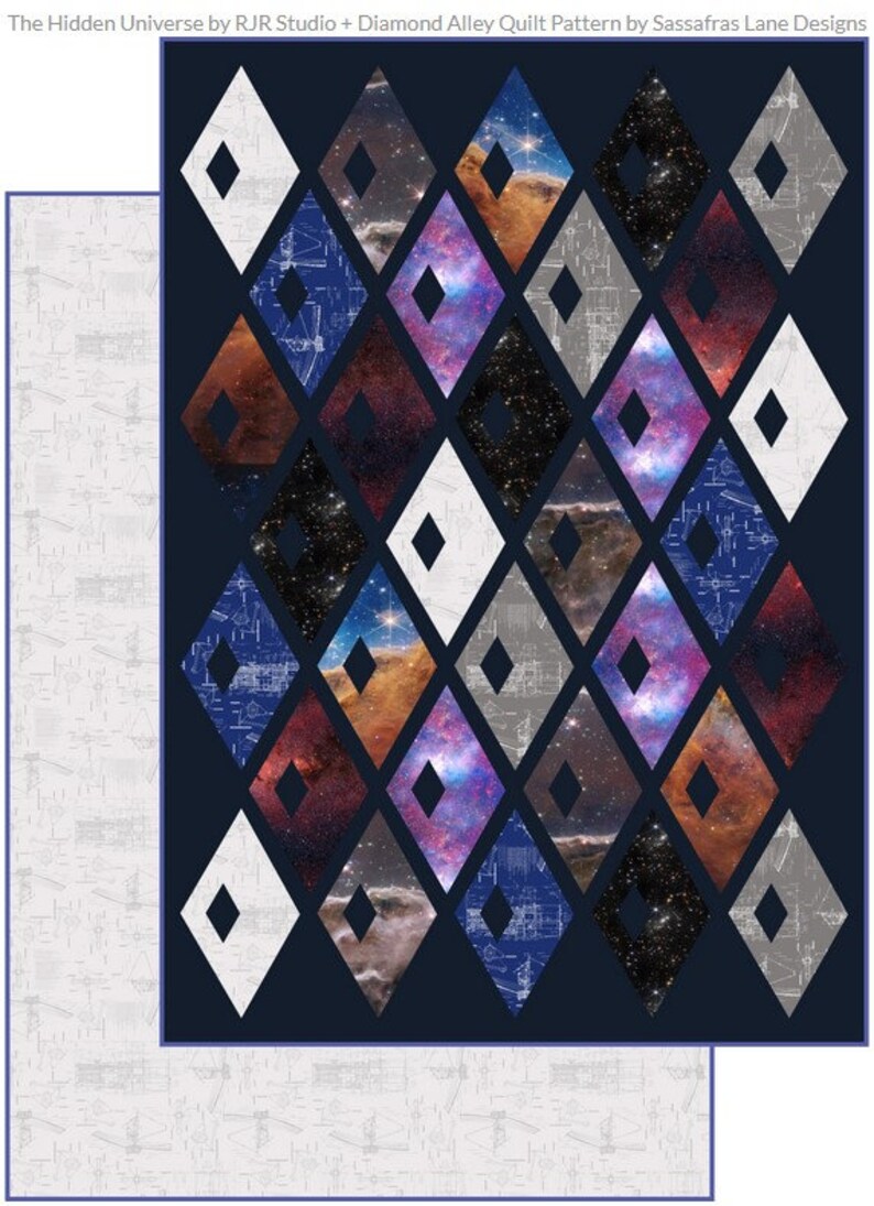 May include: A quilt pattern featuring a diamond-shaped grid with a variety of space-themed fabric squares. The fabric squares feature images of galaxies, nebulae, and stars. The background is a dark blue color. The text "The Hidden Universe by RJR Studio + Diamond Alley Quilt Pattern by Sassafras Lane Designs" is at the top of the image.
