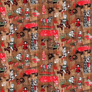 Studio E~Vintage Weihnachtsgelüster~Vintage Spielzeuge auf Woodgrain~Braun~Baumwollstoff, Baumwollstoff, Baumwollstoff, Meterware, Länge nach Wahl 7031-83