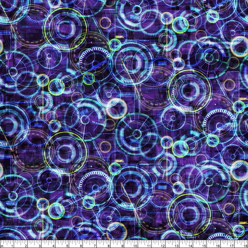K&ouml;nnte beinhalten: Abstraktes digitales Muster mit &uuml;berlappenden Kreisen in Blaut&ouml;nen, Lila und Gr&uuml;n auf einem dunkelvioletten Hintergrund.