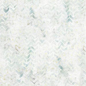 May include: A textile fabric featuring a repeating chevron pattern in soft shades of blue, green, and yellow on a white background. The design has a watercolor-like appearance with subtle color variations and a textured, fibrous surface finish.