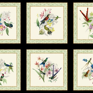 Elizabeths Studio~Hummingbird Heaven~24.5&quot; Panel de bloques de colibrí con oro metálico~Negro~Tela de algodón por el panel M4914E-BLACK
