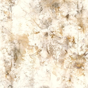 May include: Abstract wallpaper design in neutral tones. The pattern features delicate botanical elements in beige, brown, and grey, set against a creamy white backdrop. The design has a watercolour effect.