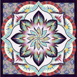 May include: A colorful, geometric quilt with a central floral design. The quilt features a white background with a large, stylized flower in shades of blue, purple, and yellow. The design is surrounded by a border of sunburst patterns and floral motifs.