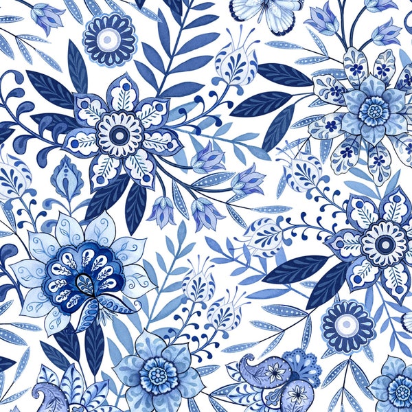 Wilmington Prints~Blooming Blue~Large Floral Allover~White~Cotton Fabric by the Yard or Select Length 27689-141