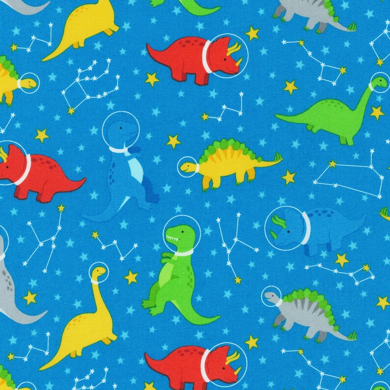 Robert Kaufman Dinosoar Dinosaurs in Space Blue Yonder Etsy