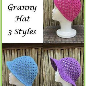 May include: Image features three crochet granny hats in different styles and colors. The hats are displayed on white mannequin heads. The text "Crochet Granny Hat 3 Styles" is in the upper left corner. The hats are pink, blue, and purple.