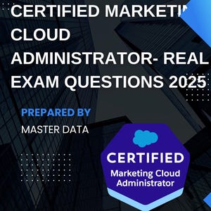 Puede incluir: Imagen promocional para las preguntas del examen Salesforce Certified Marketing Cloud Administrator para 2025. Texto blanco sobre un fondo oscuro con formas geométricas azules. Insignia de Salesforce Certified en la esquina inferior derecha.