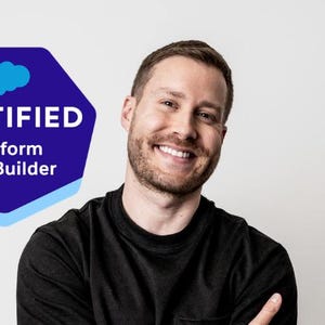 May include: A smiling man wearing a black shirt, with a "CERTIFIED Platform App Builder" badge in the upper left corner. The badge is a blue and white hexagon with a cloud icon.