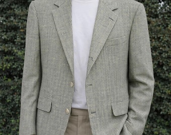 Blazer vintage de seda con estampado de pata de gallo de Brooks Brothers, fabricado en EE. UU. en los años 80 y 90, con etiqueta sindical, color azul.