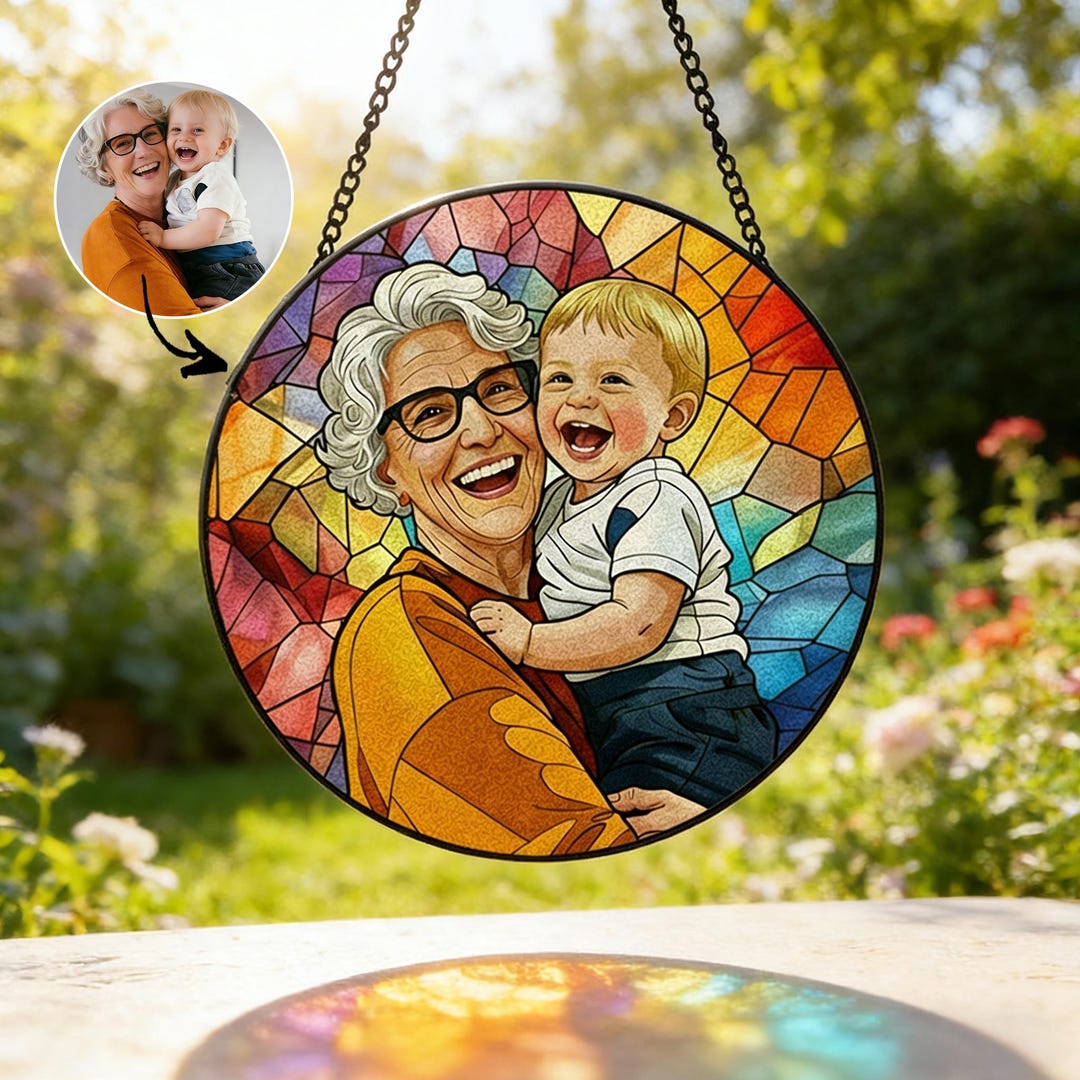 Personalized Family Portrait Stained Glass Suncatcher, Custom Memorial Gift from Photo, He