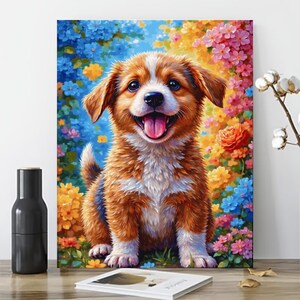 Puppy Paint By Numbers Kit,Happy Dog with Colorful Blooms,Paint by Numbers Kit on Canvas For Adults,Home Wall Decor,DIY Gift For Dog Lovers