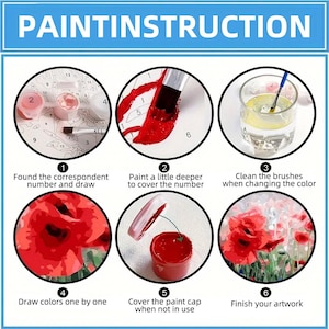 May include: A step-by-step guide for paint-by-number projects. The image shows six circular illustrations with instructions, including finding the correct number, painting, cleaning brushes, and finishing the artwork. The title "PAINTINSTRUCTION" is at the top.
