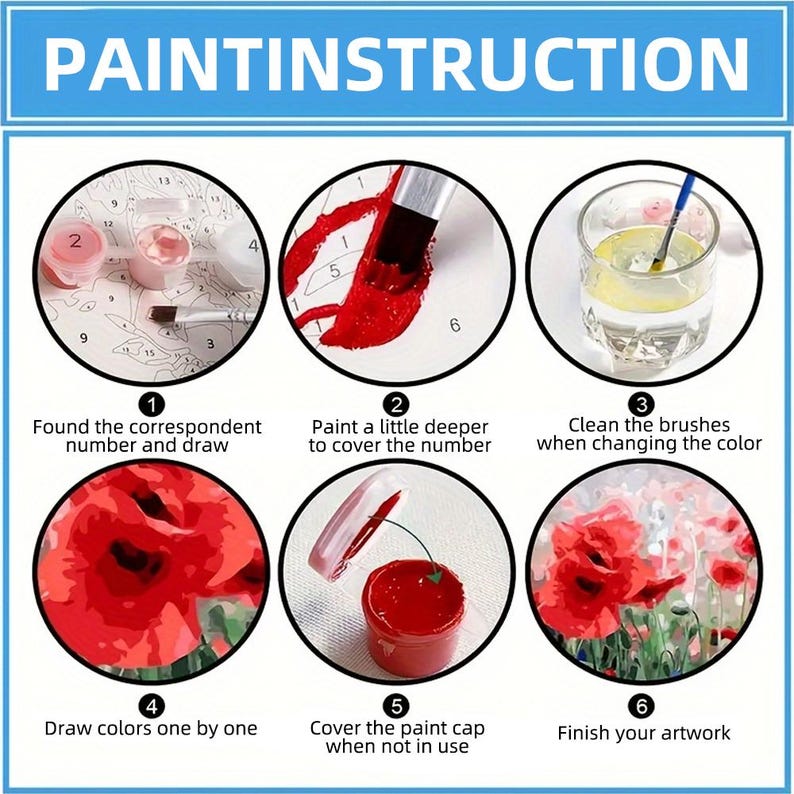May include: A step-by-step guide for paint-by-number projects. The image shows six circular illustrations with instructions, including finding the correct number, painting, cleaning brushes, and finishing the artwork. The title "PAINTINSTRUCTION" is at the top.