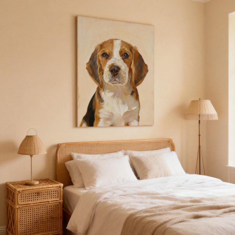 May include: A framed painting of a beagle dog hangs above a bed with white linens. The dog has brown, white, and black markings. A woven nightstand with a lamp and a floor lamp with a lampshade are also in the room.