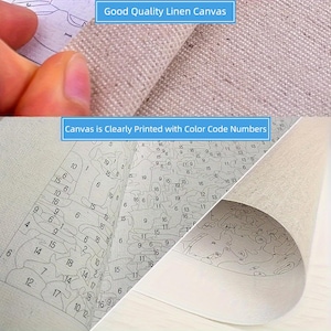 May include: Close-up of a paint-by-numbers canvas. The top section shows a close-up of the linen canvas with the text "Good Quality Linen Canvas". The bottom section shows the canvas with printed color code numbers and the text "Canvas is Clearly Printed with Color Code Numbers".