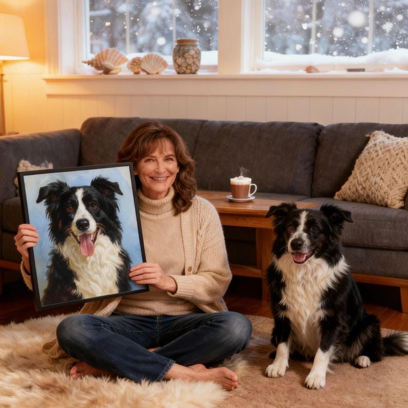 May include: A framed portrait of a black and white Border Collie dog held by a person. The dog in the portrait has a pink tongue. A live Border Collie dog sits nearby. The setting is a cozy living room with a window.