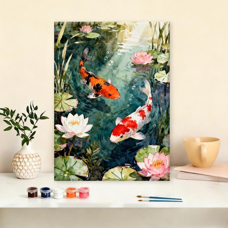 Koi Fish Paint by Numbers Kit, Serene Lotus Pond with Swimming Carp, Japanese Style DIY Acrylic Painting for Zen Home Decor image 2