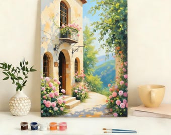 Tuscan Villa Garden Paint by Numbers, Stone Arch with Flower Framed Mountain View, Serene Italian Landscape Art for Home Decor Lovers