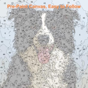 May include: A paint-by-numbers canvas featuring a detailed illustration of a dog's head. The image is divided into numbered sections, with the text "Pre-Paint Canvas, Easy to Follow" at the top. The color palette includes shades of gray, white, and black.