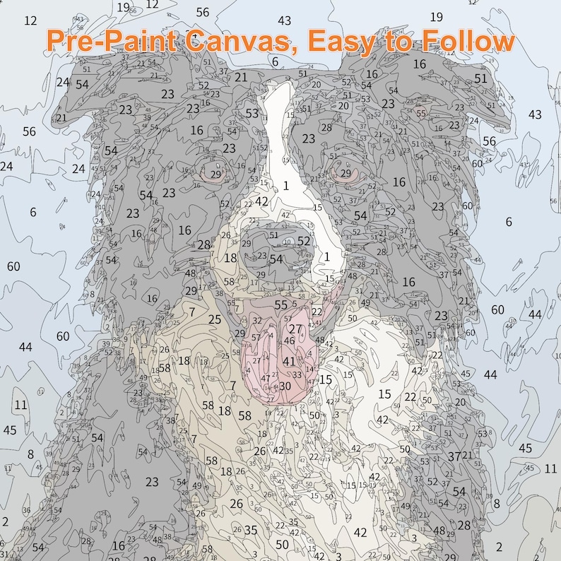 May include: A paint-by-numbers canvas featuring a detailed illustration of a dog's head. The image is divided into numbered sections, with the text "Pre-Paint Canvas, Easy to Follow" at the top. The color palette includes shades of gray, white, and black.