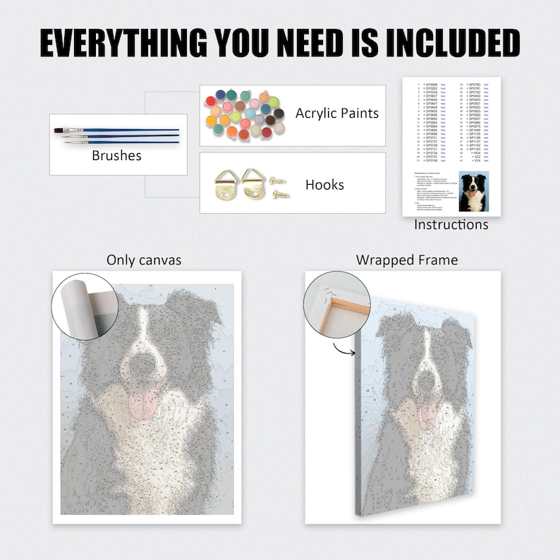 May include: A paint-by-numbers kit featuring a Border Collie. The kit includes brushes, acrylic paints, hooks, and instructions. The text "EVERYTHING YOU NEED IS INCLUDED" is at the top of the image. The canvas is available as a wrapped frame or as a canvas only.