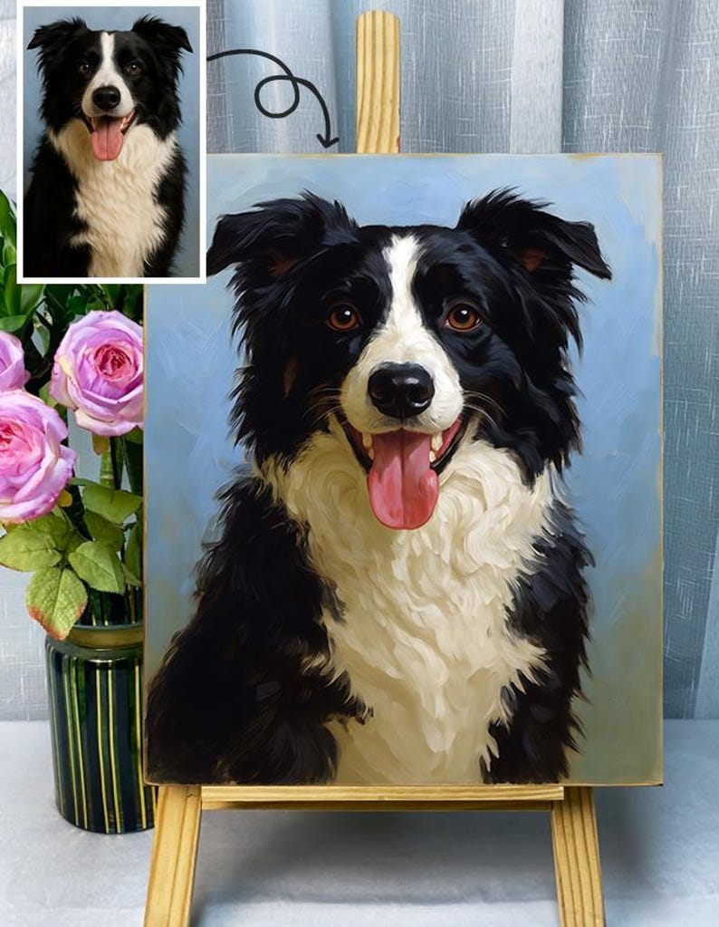 May include: A painted portrait of a Border Collie dog with black and white fur, brown eyes, and a pink tongue. The painting is displayed on a small wooden easel against a light blue background. A smaller version of the portrait is in the upper left corner.