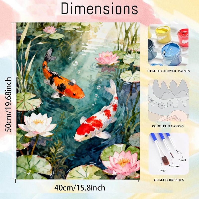 May include: A paint-by-numbers kit featuring a koi pond scene with two colorful koi fish, water lilies, and the text "Dimensions". The canvas measures 19.68 inches by 15.8 inches. Includes acrylic paints and brushes.
