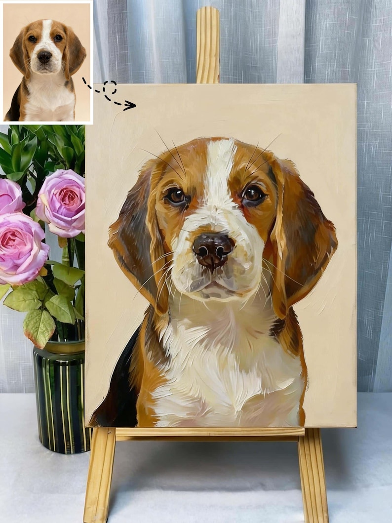 May include: A detailed oil painting of a Beagle dog, showcasing its brown, white, and black fur. The artwork is displayed on a small wooden easel, with a reference image in the upper left corner. The background is a soft beige.