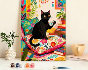 Artist Cat Paint by Numbers Kit, Black Cat Sipping Tea on Floral Cushion with Art Supplies, DIY Whimsical Art for Cat Lovers