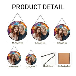 May include: Round wall art featuring a portrait of two women against a stained-glass background. Available in multiple sizes, from 3.5 inches to 11.8 inches, each with a metal chain for hanging. The image includes a packaging box.