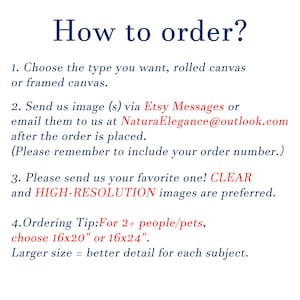 May include: White background with the text "How to order?" followed by instructions. The instructions include choosing a canvas type, sending images via Etsy Messages or email, and image resolution tips. Ordering tip for multiple subjects.