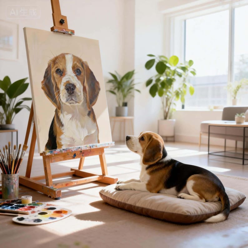 May include: A beagle dog lies on a beige cushion, gazing at a painting on an easel. The painting depicts a similar beagle with brown, white, and black fur. Paintbrushes, a palette, and paints are visible, suggesting an art studio setting.