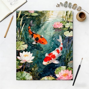 Koi Fish Paint by Numbers Kit, Serene Lotus Pond with Swimming Carp, Japanese Style DIY Acrylic Painting for Zen Home Decor image 4