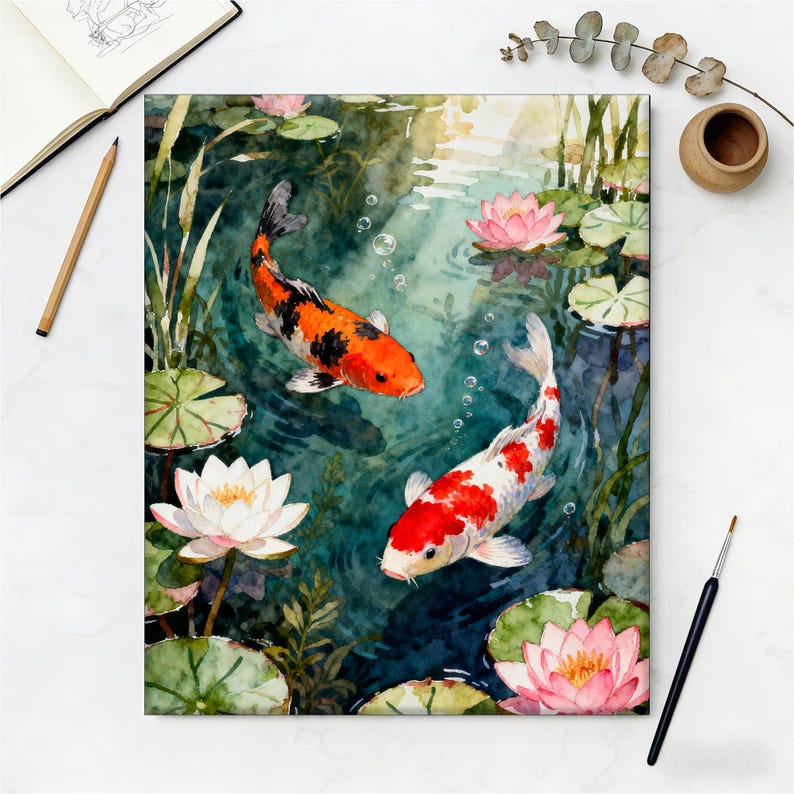 Koi Fish Paint by Numbers Kit, Serene Lotus Pond with Swimming Carp, Japanese Style DIY Acrylic Painting for Zen Home Decor image 4