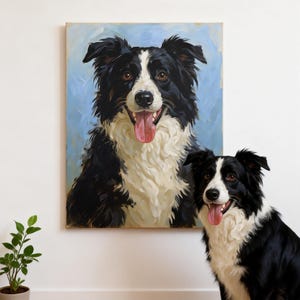 May include: A black and white Border Collie dog portrait on canvas, with a matching dog in front of the painting. The painting has a light blue background. The dog has a pink tongue and brown eyes.