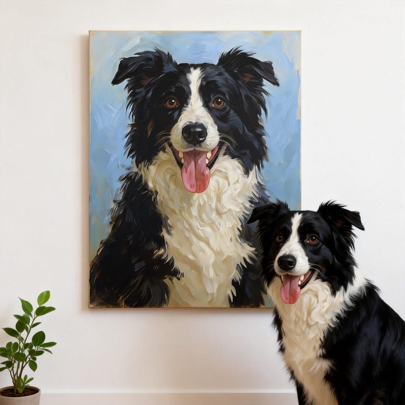 May include: A black and white Border Collie dog portrait on canvas, with a matching dog in front of the painting. The painting has a light blue background. The dog has a pink tongue and brown eyes.