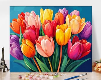 Tulip by Number Paint Kit, Paint Tulip by Number, Tulip DIY Digital Oil Painting, Floral Plant Wall Art, Rainbow Tulip Paint By Numbers