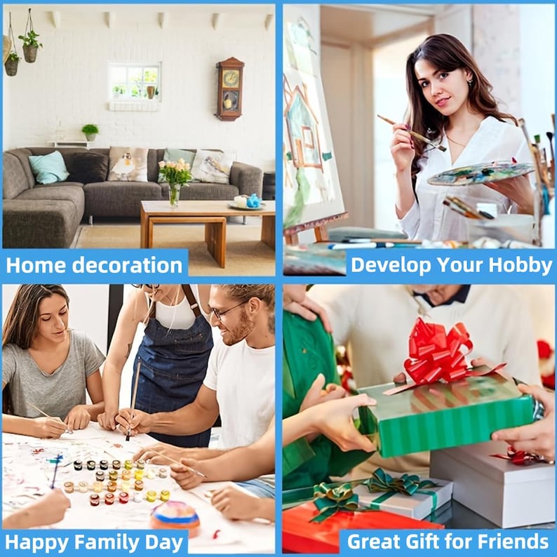 May include: A collage of images showcasing various activities. One image features a living room, another a person painting, a third shows a family painting, and the last depicts gift-giving. The text includes "Home decoration", "Develop Your Hobby", "Happy Family Day", and "Great Gift for Friends".
