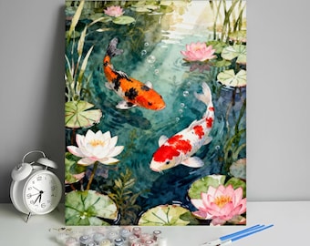 Koi Fish Paint by Numbers Kit, Serene Lotus Pond with Swimming Carp, Japanese Style DIY Acrylic Painting for Zen Home Decor