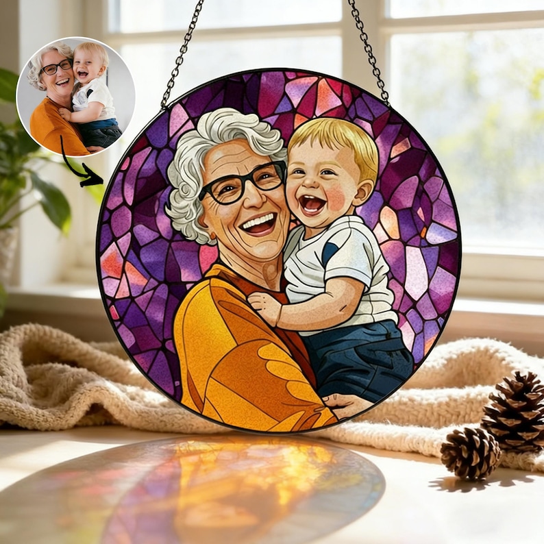 Personalized Family Portrait Stained Glass Suncatcher, Custom Memorial Gift from Photo, Healing Window Art for Cherished Memories image 6