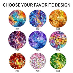 May include: Nine circular designs with stained glass patterns in various colors, including blue, orange, purple, and green. The text "CHOOSE YOUR FAVORITE DESIGN" is at the top, with numbers #01 through #09 below each design.