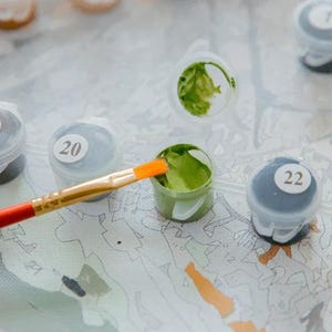May include: A paint-by-numbers kit with small paint pots and a paintbrush. The paintbrush has an orange tip and a red handle. The paint pots are labeled with numbers, and one pot contains green paint. The kit is on a patterned surface.