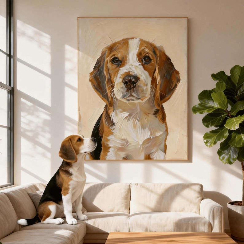 May include: A framed painting of a beagle dog with brown, white, and black fur hangs above a beige sofa. A real beagle dog sits on the sofa, looking up at the painting. The room has a neutral color palette with natural light.