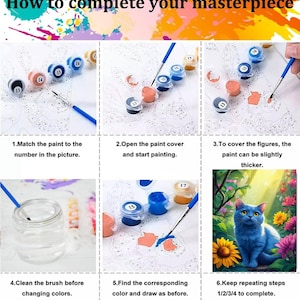 May include: A step-by-step guide for a paint-by-numbers kit. The image shows paint pots, brushes, and a finished painting of a blue cat. Text reads: "How to complete your masterpiece" and instructions for painting.